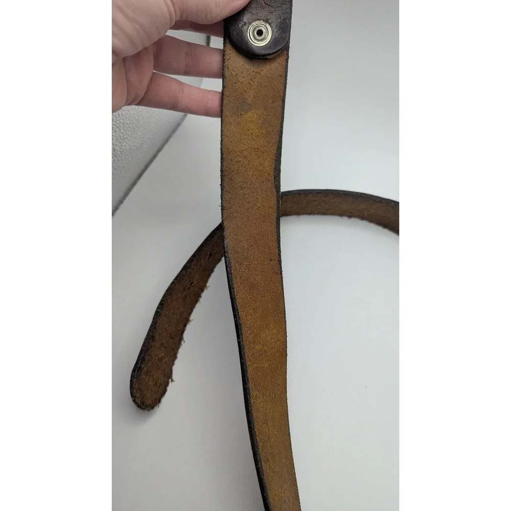 Vintage Hand Tooled 37-40 Leather California Mountain Scene Belt Dark Brown Snap